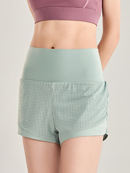 False Two Wrap Yoga Bottoms High-Waisted Pockets Solid Color Shorts