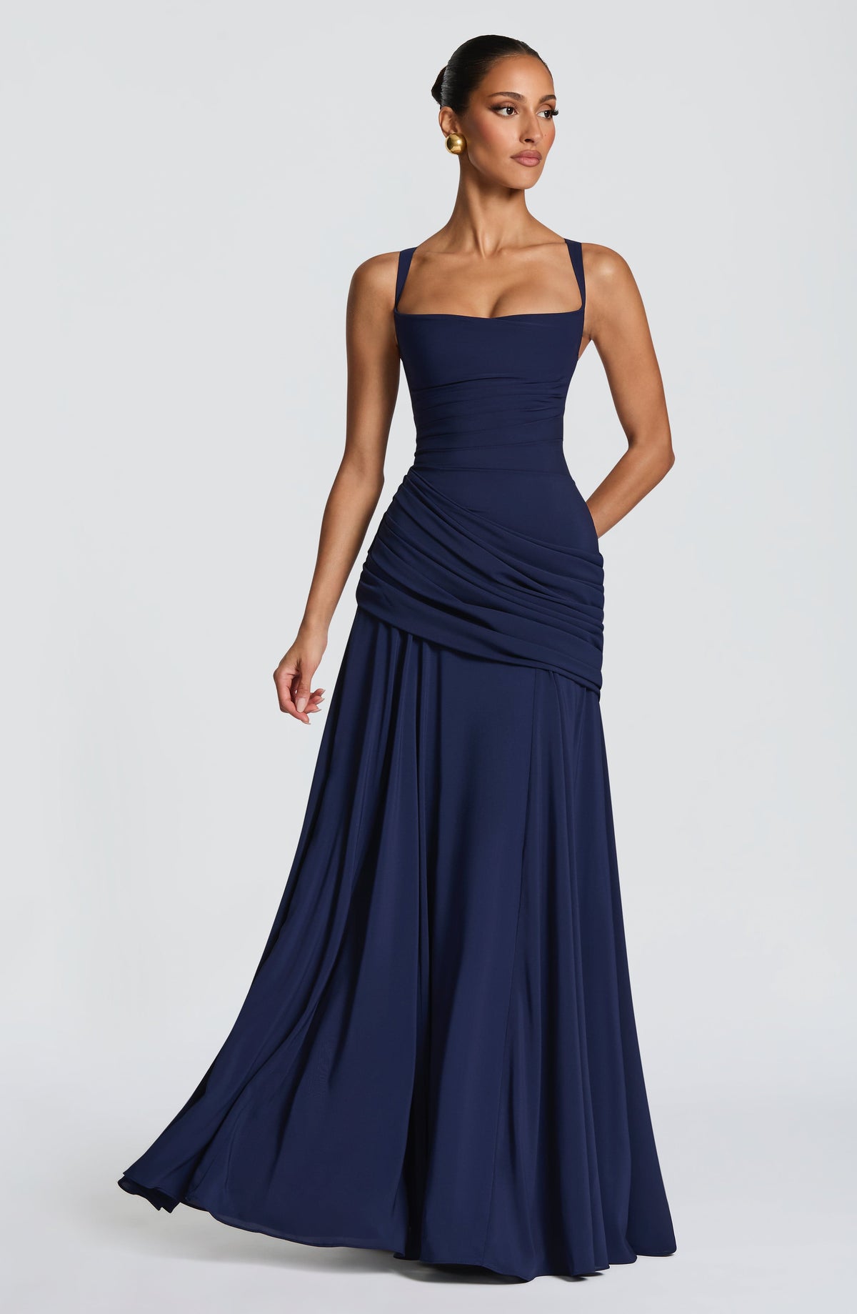 Square-Neck Ruched-Waist Maxi Dress