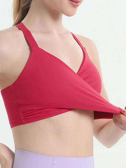 Skinny Wrap Back Cross Hollow Solid Color V-Neck Sports Bra