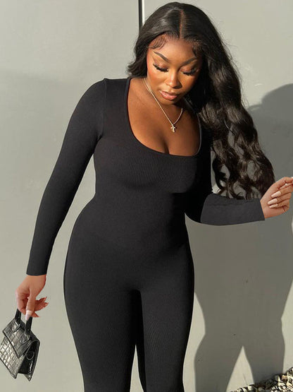 Long Sleeves Skinny Leg Backless Solid Color Jumpsuits