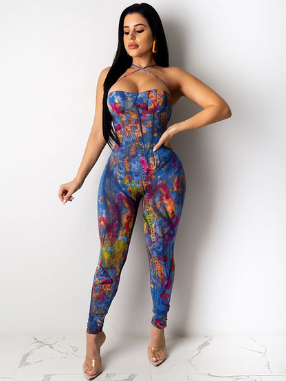 Denim Graffiti Print Lace Up Open Back Gym Jumpsuits