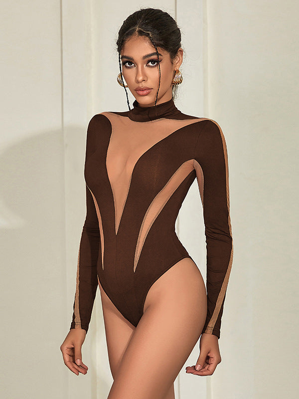 Long Sleeves Skinny Contrast Color Split-Joint High-Neck Bodysuits