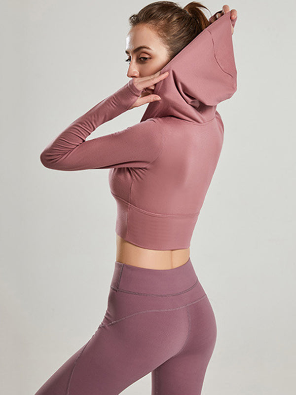 Cropped Long Sleeves Hooded Solid Color Split-Joint U-Neck Yoga Tops