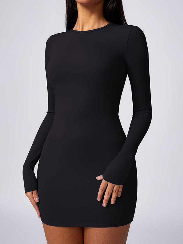 Bodycon Long Sleeves Backless Pleated Solid Color Round-Neck Mini Dresses