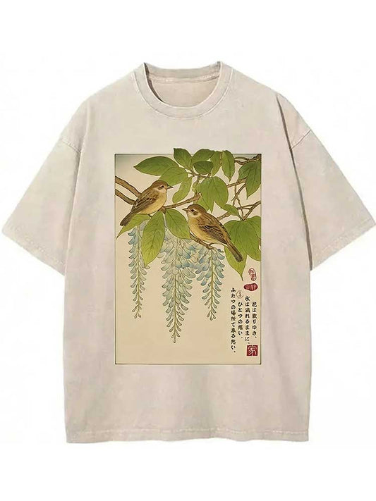Ukiyoe Bird On The Wisteria Treetop Washed T-shirt