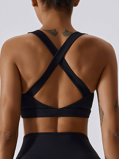 Skinny Wrap Back Cross Hollow Solid Color Square-Neck Sports Bra