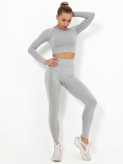 Seamless Solid Long Sleeves Tees&Leggings Yoga Suits