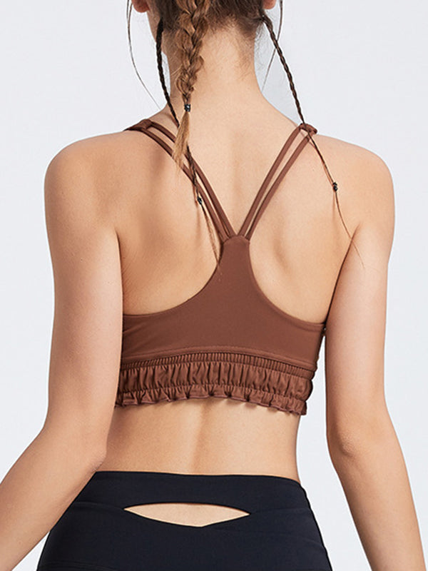 Wrap Falbala Hollow Ruffled Solid Color U-Neck Sports Bra