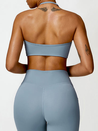 Wrap Backless Knot Solid Color Halter-Neck Sports Bra