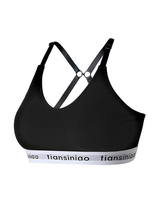 Back Cross Letter Print Wrap Solid Color Spaghetti-Neck Sports Bra