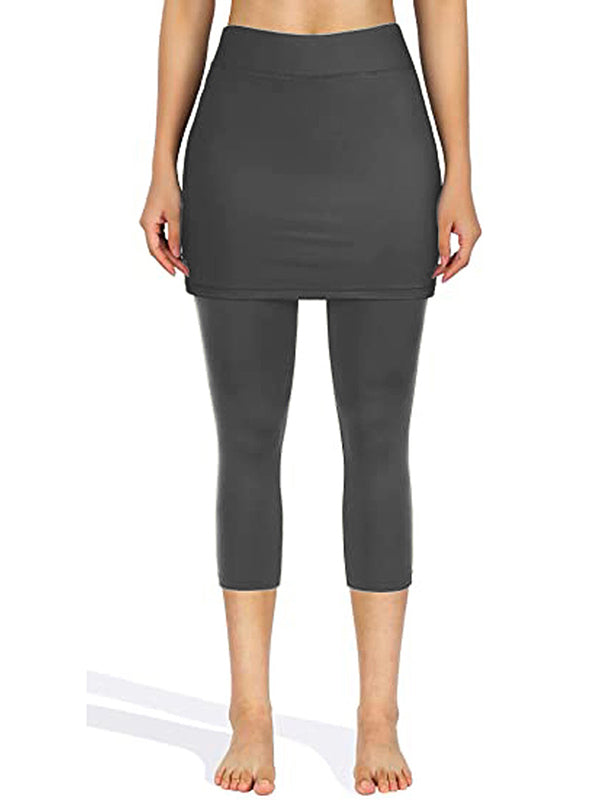 False Two Skinny Yoga Bottoms Pockets Solid Color Cropped Trousers