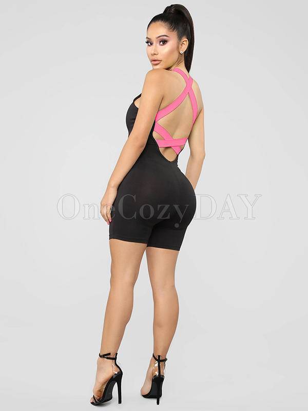 Contrast Color Back Cross Sleeveless Rompers