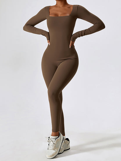 Long Sleeves Skinny Solid Color Square-Neck Yoga Jumpsuits