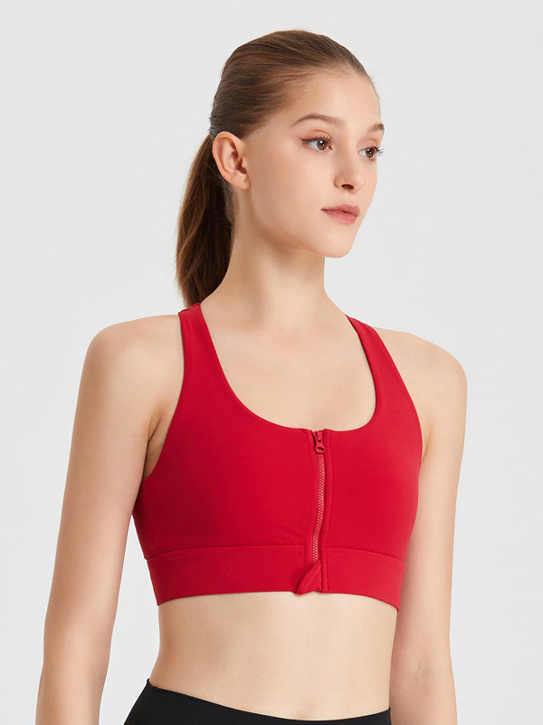 Skinny Wrap Solid Color Zipper Spaghetti-Neck Sports Bra