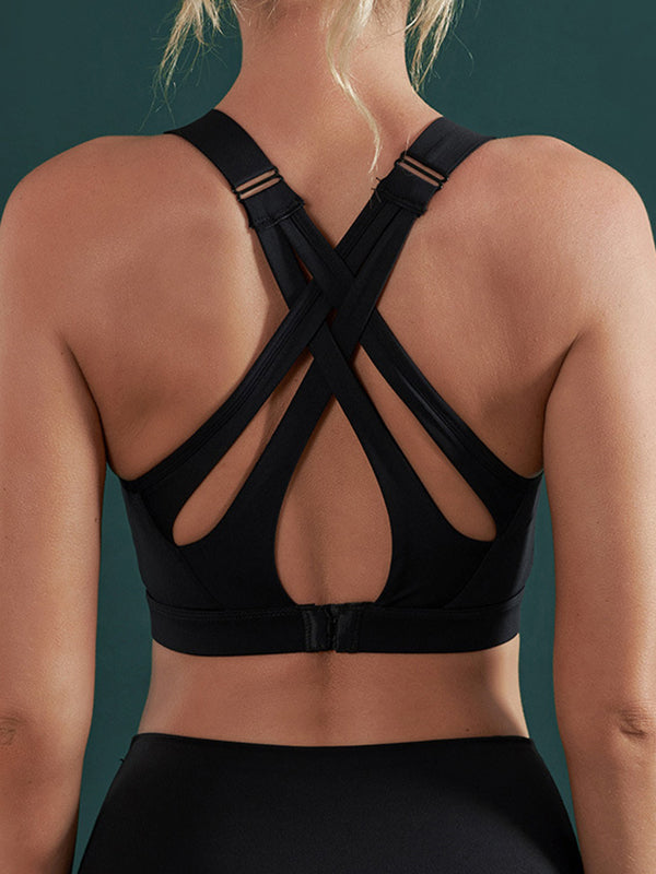 Skinny Wrap Buckle Sports Bra Elasticity Yoga Tops Hollow Solid Color Split-Joint Spaghetti-Neck Bra