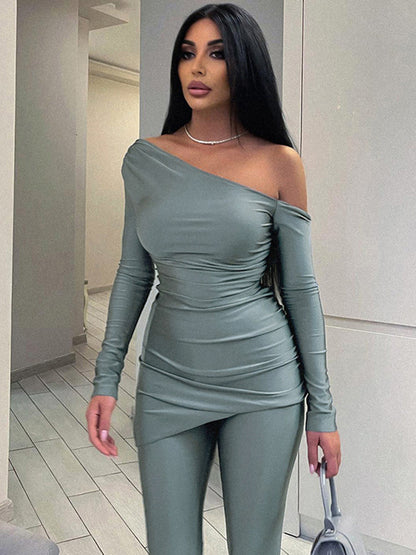 Skinny Wrap Hollow Pleated Solid Color One-Shoulder Shirts Tops&Pants Suits