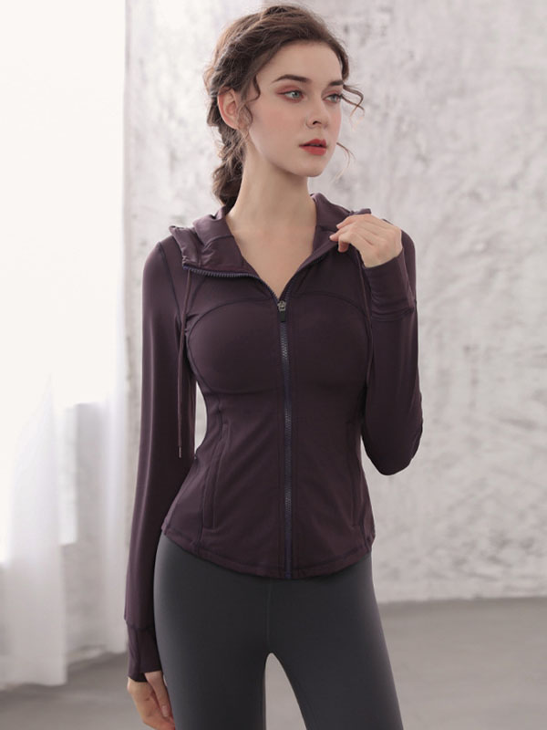 Skinny Wrap Hooded Solid Color Zipper Yoga Tops