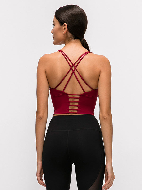 Skinny Wrap Yoga Tops Hollow Solid Color Spaghetti-Neck Bra