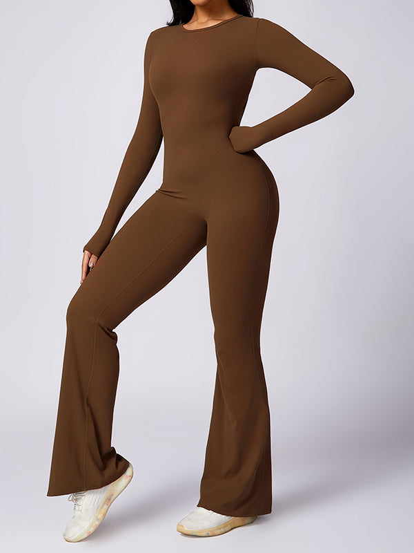 Flared Pants Backless Pleated Solid Color Round-Neck Jumpsuits