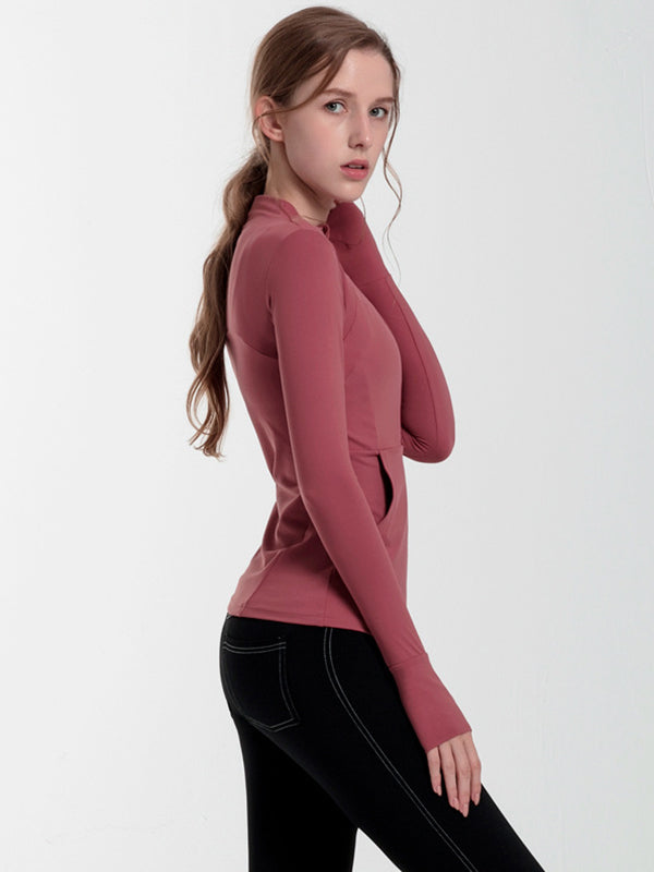 Long Sleeves Skinny Pockets Solid Color Zipper Yoga Tops