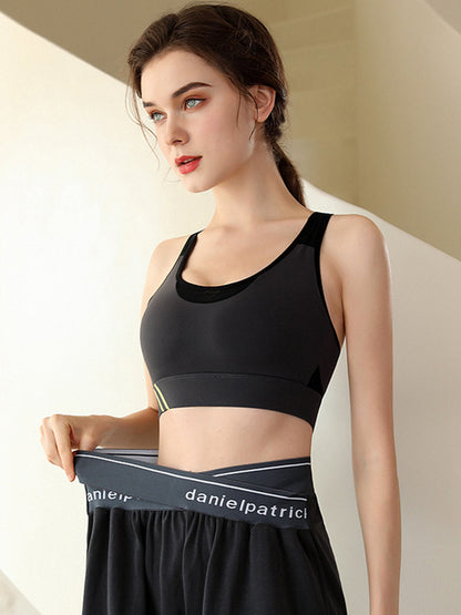 Color-Block Hollow Printed Wrap Spaghetti-Neck Sports Bra