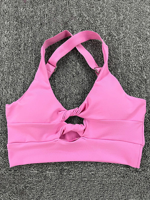 Skinny Wrap Hollow Halter-Neck Sports Bra&Pockets Shorts Solid Color Suits