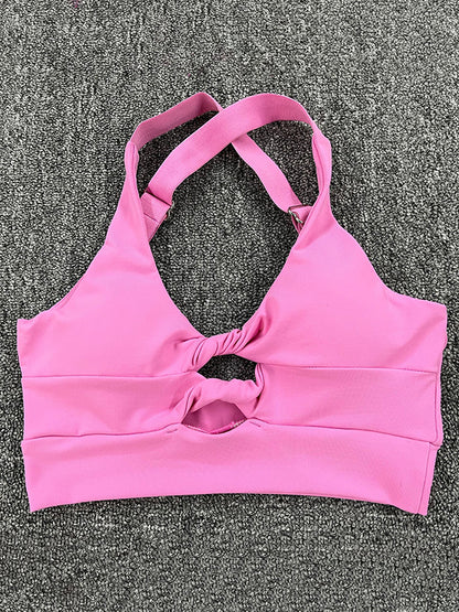 Skinny Wrap Hollow Halter-Neck Sports Bra&Pockets Shorts Solid Color Suits