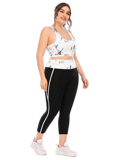 Plus Size Color-Block High-Waisted Hollow Printed Spaghetti-Neck Bra&Leggings Suits