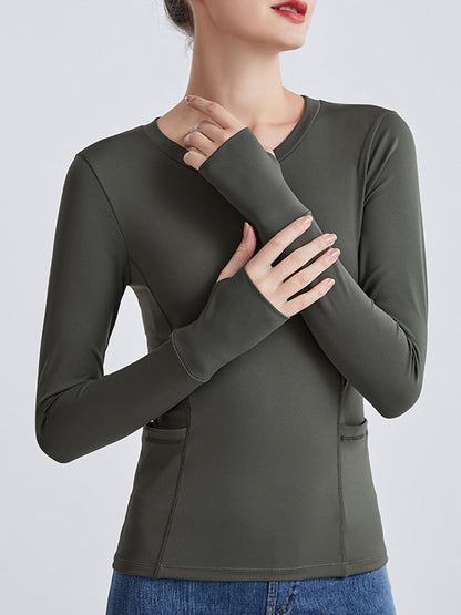 Long Sleeves Wrap Pockets Solid Color Round-Neck Yoga Tops