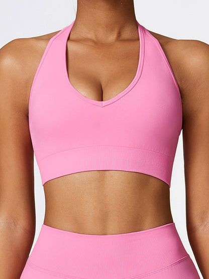 Skinny Wrap Backless Solid Color Halter-Neck Sports Bra