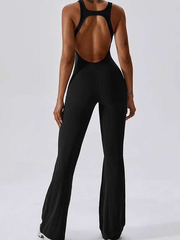 Skinny Wrap Backless Solid Color U-Neck Jumpsuits