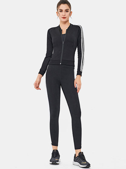 Striped Zipper Cardigan Skinny Stretch Fitness Yoga Suit