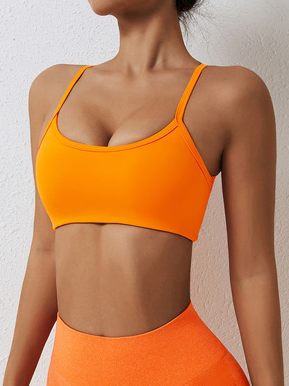 Wrap Back Cross Solid Color Spaghetti-Neck Sports Bra