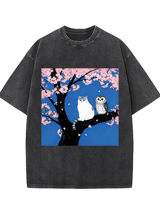 Cat And Owl Under Sakura Washed T-shirt