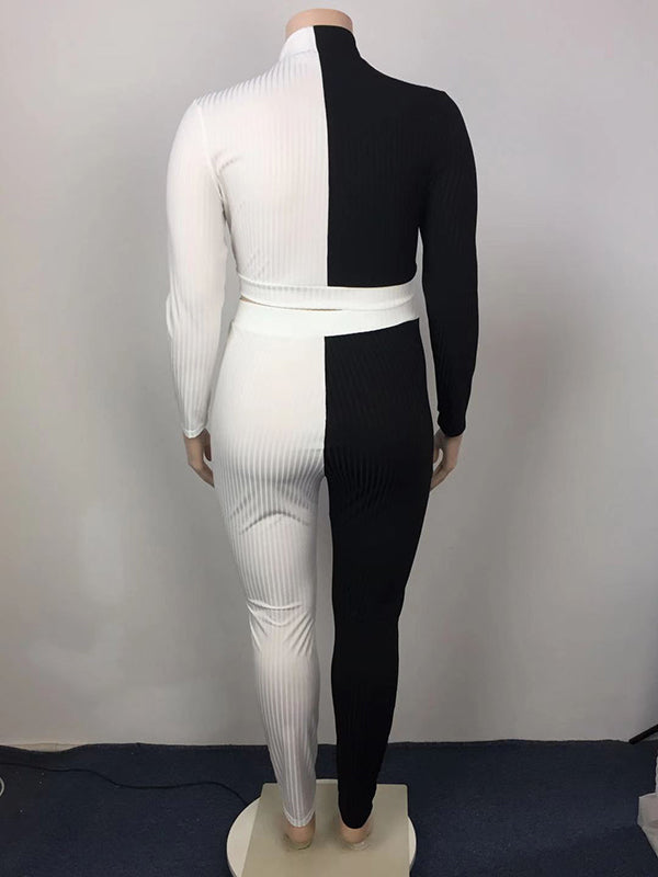 Plus Size Long Sleeves Skinny Color-Block High-Neck Suits