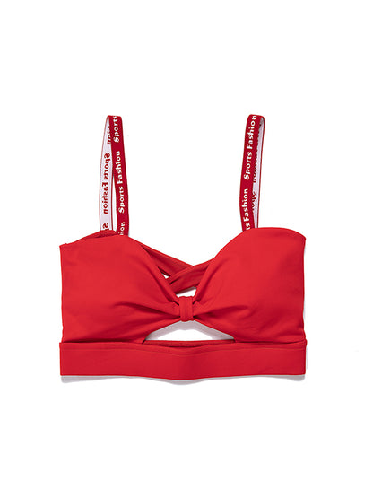 Wrap Back Cross Hollow Letter Print Solid Color Spaghetti-Neck Sports Bra