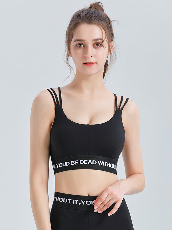 Wrap Back Cross Hollow Letter Print U-Neck Sports Bra