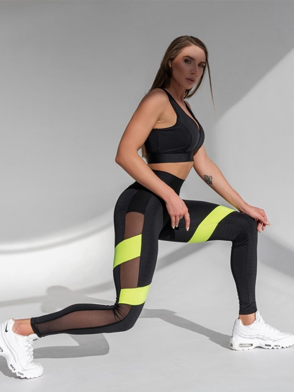 Color-Block High-Waisted Split-Joint Spaghetti-Neck Sports Bra&Leggings Suits