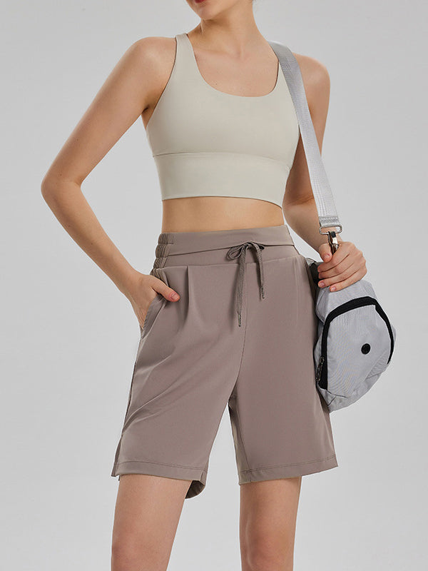 Loose Bandage Drawstring Elasticity Pockets Solid Color Sports Shorts