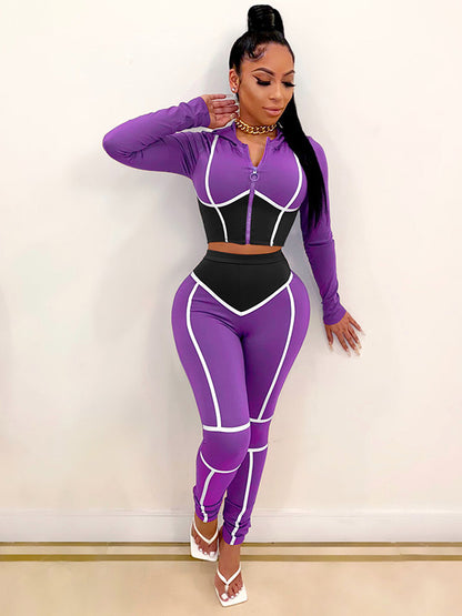 Contrast Color V-Neck Long Sleeve Tight Fashion Yoga Fitness Suits