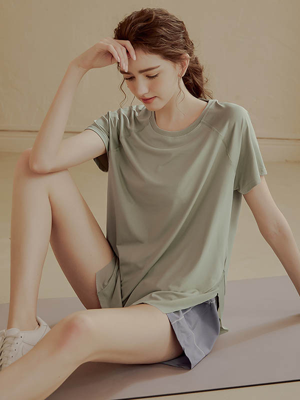 Loose Short Sleeves Solid Color Split-Side Round-Neck Yoga Tops