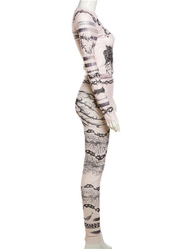 Long Sleeves Skinny Contrast Color Printed Round-Neck T-Shirts&Leggings Suits