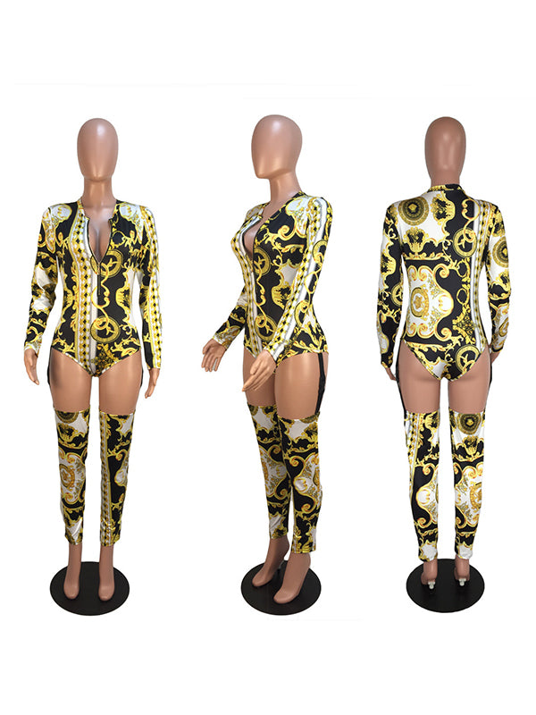 Printed Zip-Button Web Jumpsuits