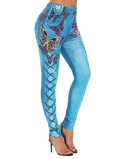 Fashion High-Waisted Butterflies Print Slim Fitness Leggings