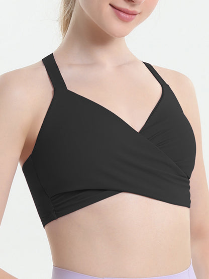 Skinny Wrap Back Cross Hollow Solid Color V-Neck Sports Bra