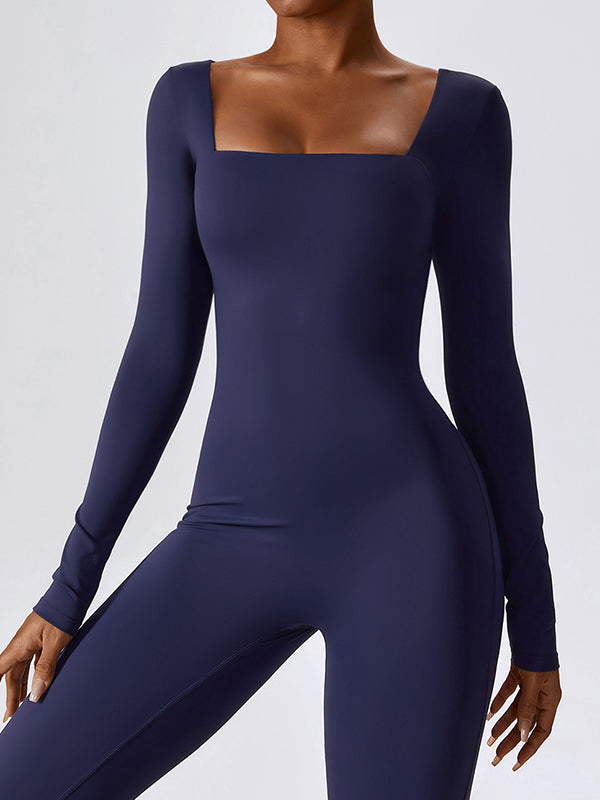 Long Sleeves Skinny Solid Color Square-Neck Yoga Jumpsuits