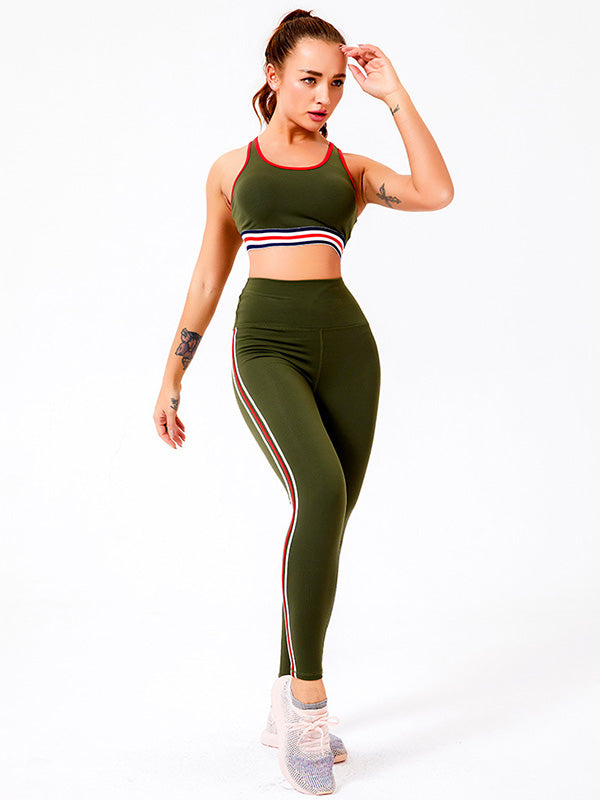 Contrast Color Striped Top Bra&Legging Fitness Suits