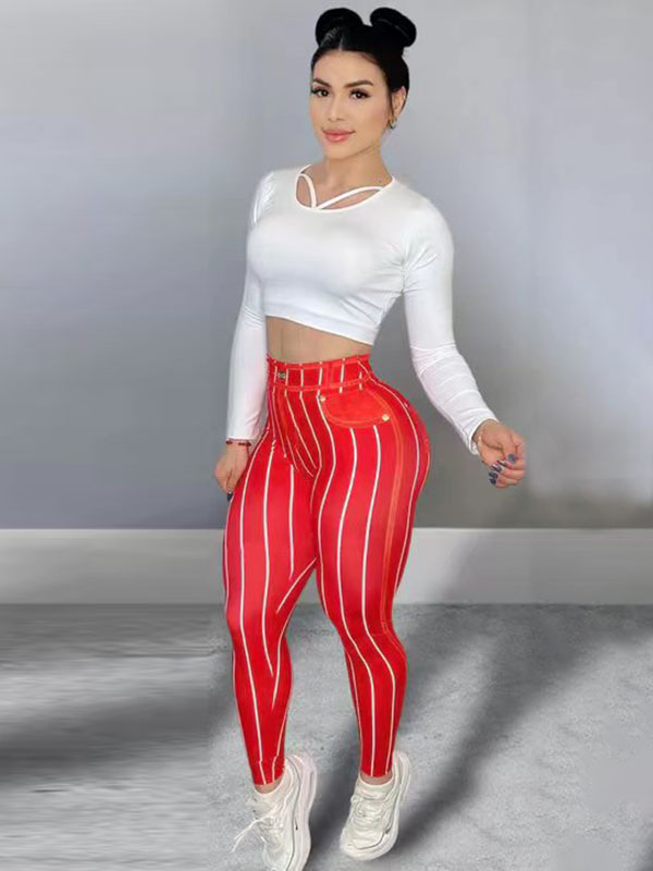 Skinny Contrast Color Printed Striped Leggings