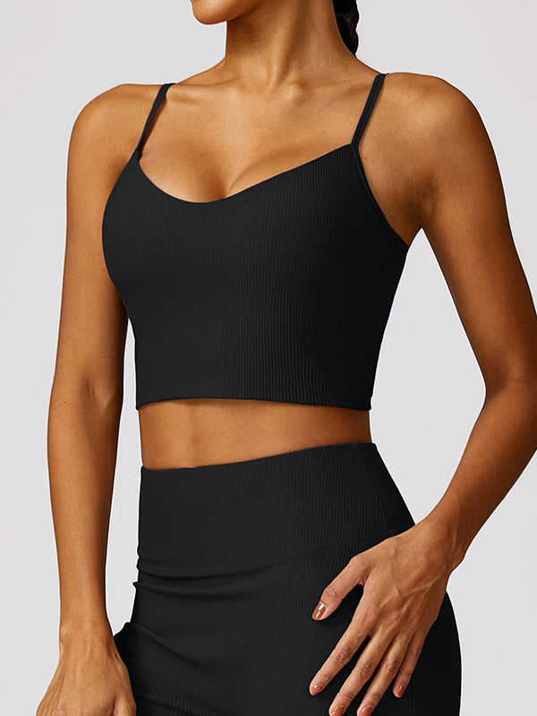 Skinny Wrap Hollow Solid Color Spaghetti-Neck Sports Bra