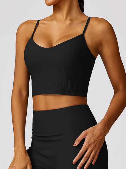 Skinny Wrap Hollow Solid Color Spaghetti-Neck Sports Bra